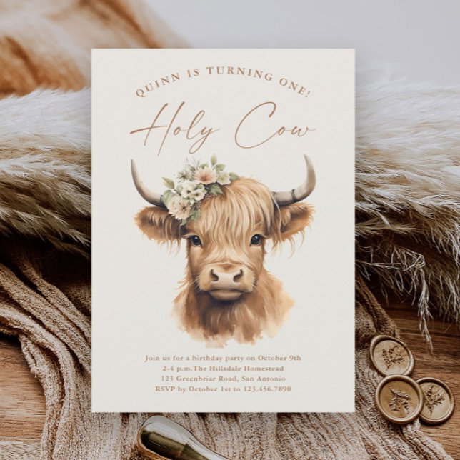 Boho Highland Cow Kindergeburtstag Party Einladung (Boho highland cow kids girls first birthday party invitations.)
