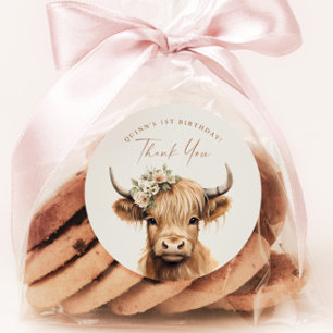 Boho Highland Cow Kindergeburtstags-Party Danke Runder Aufkleber