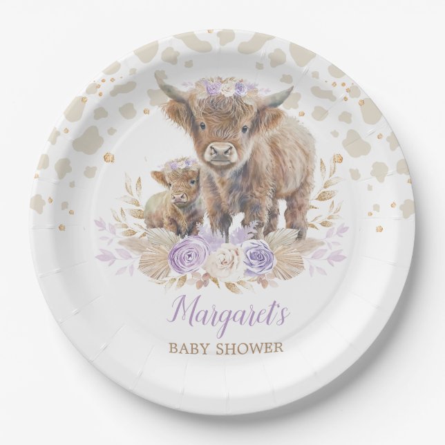 Boho Highland Cow Lila Rose Floral Baby Girl Pappteller (Vorderseite)