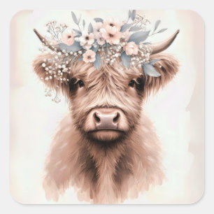 Boho Highland Cow mit Blumenbridkronen Quadratischer Aufkleber