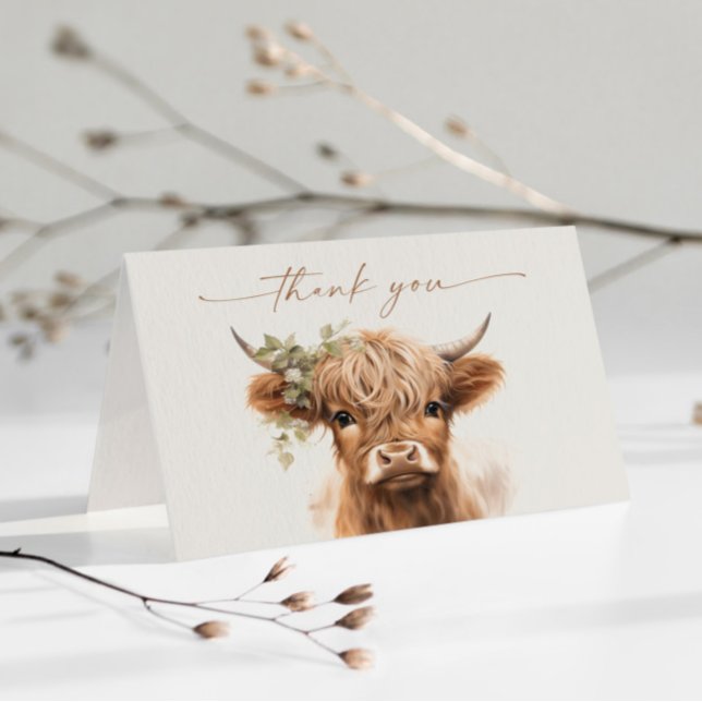 Boho Highland Cow Neutral Couples Baby Shower Dankeskarte (Boho highland cow baby shower thank you card.)