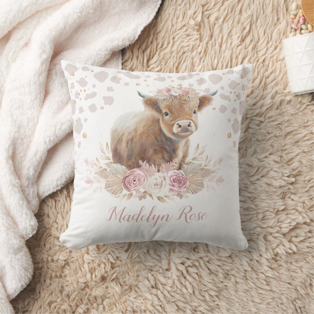 Boho Highland Cow Pink Gold Floral Baby Girl Kissen (Decke)