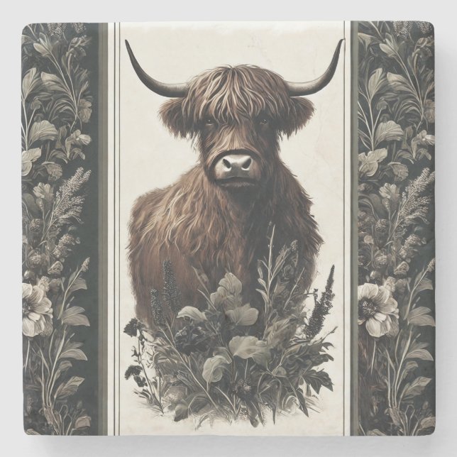 Boho Highland Cow Steinuntersetzer (Vorderseite)