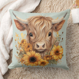 Boho Highland Cow Sunblumen Sage Green Kissen