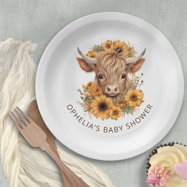 Boho Highland Cow Sunflowers Baby Dusche Pappteller (Von Creator hochgeladen)