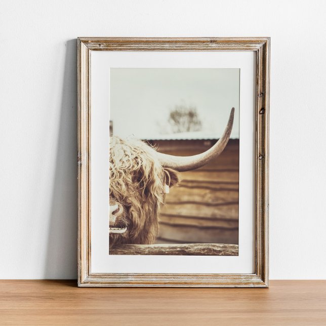Boho Highland Cow Wall Art Poster (Boho Highland Cow Wall Art in wooden frame)