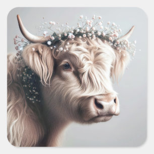 Boho Highland-Kuh mit Brautkranz aus Schleierkraut Quadratischer Aufkleber