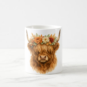 Boho Highland-Kuh-Wurfkissen mit floraler Krone   Kaffeetasse