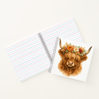 Boho Highland-Kuh-Wurfkissen mit floraler Krone | Notizbuch