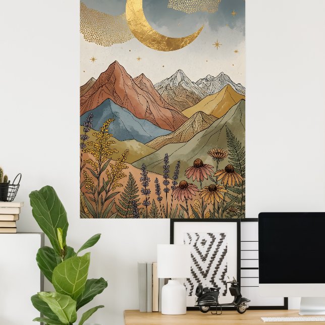 Boho Himmelgold-Halbmond-Berg Poster (Heimbüro)