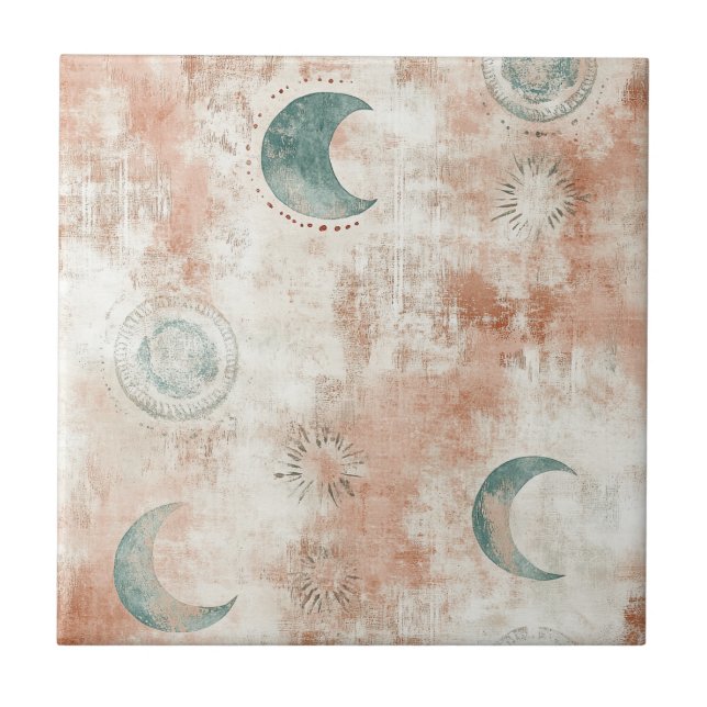 Boho-Himmels-Blumen-Mond-Muster (10) Fliese (Vorderseite)