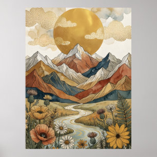 Boho Himmelsberg Fluss Sonne Wiese Poster
