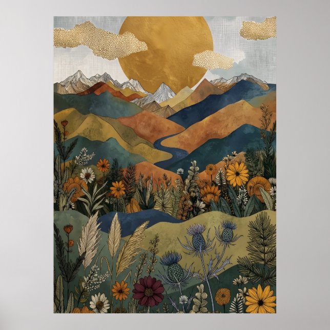 Boho Himmelsberg-Tal-Fluss-Distel Poster (Vorne)