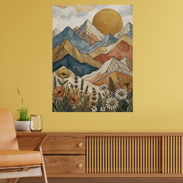 Boho Himmelsberg-Wildblumen-Sonne Poster (Wohnzimmer 2)