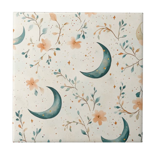 Boho Himmelsblume Mond Muster (1) Fliese (Vorderseite)