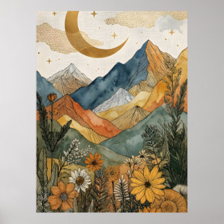 Boho Himmelsgold Mond Berg Wildblume Poster