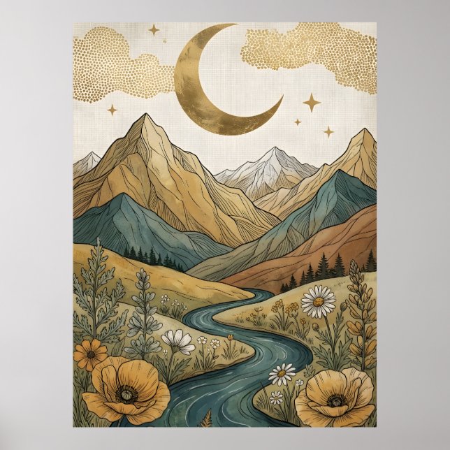 Boho Himmelsmond Halbmond Berg Fluss Poster (Vorne)