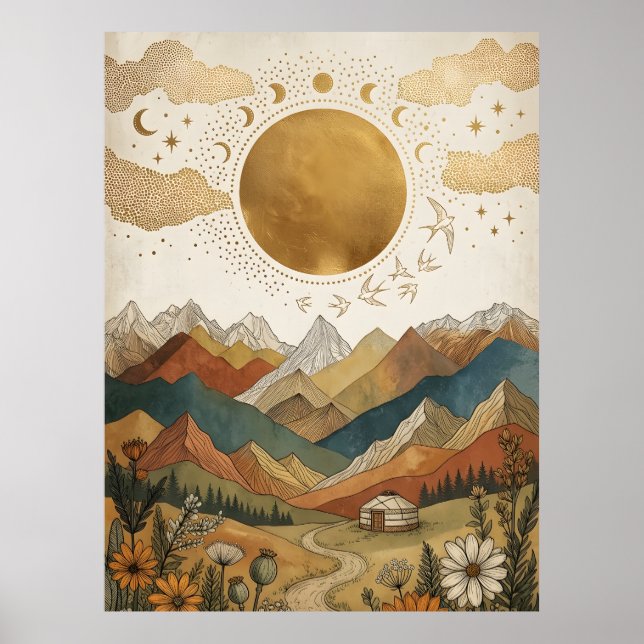 Boho Himmelsmondphasen-Bergjurte Poster (Vorne)