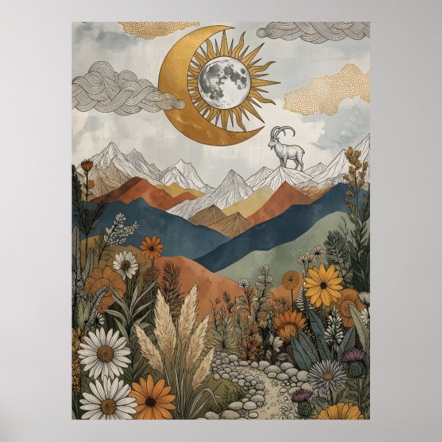 Boho Himmelsziege Mondfinsternis Mond Poster (Vorne)