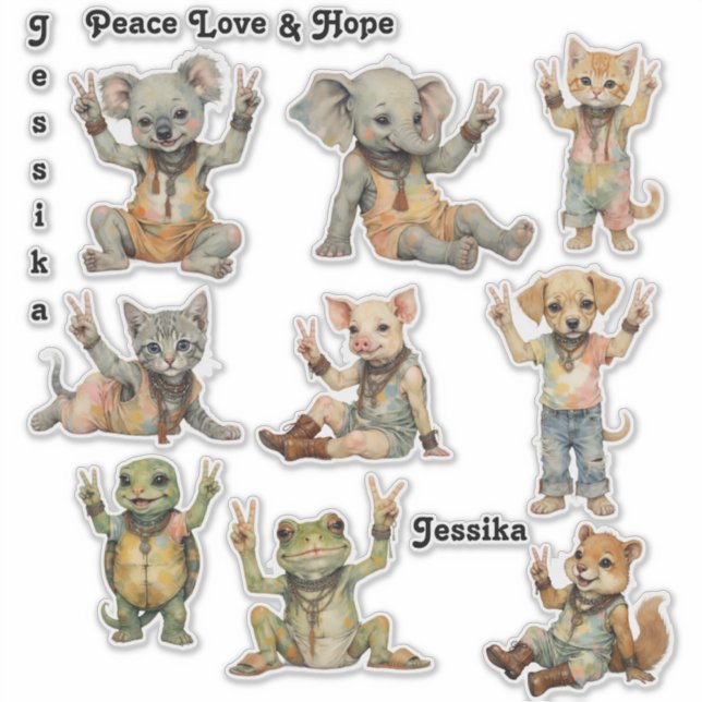 Boho Hippie Peace Baby Animals Custom Personalize Aufkleber (Vorderseite)