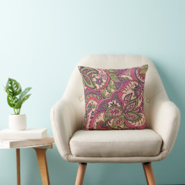Boho Hippie Pink/Green/Lila Floral Paisley 16X16 Kissen