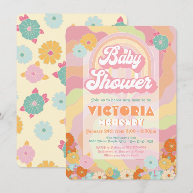 Boho Hippie Rainbow Floral Baby Shower Einladung (Vorne/Hinten)