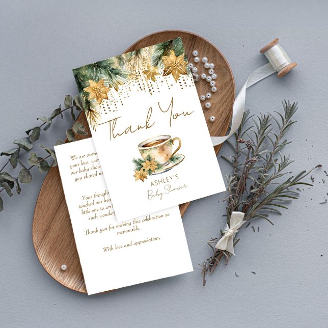 Boho hiver baby shower thé fête merci (Boho winter baby shower tea party thank you card watercolor pines gold poinsettia tea cup thank you )