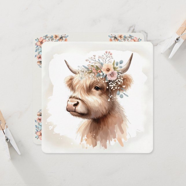 Boho-Hochland-Kuh mit Bridal-Blume Einladung (Vorderseite/Rückseite Beispiel)