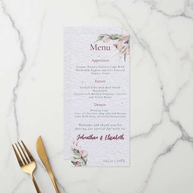 Boho-Hochzeit in Wasserfarbe und Botanische Hochze Menükarte (Vorderseite/Rückseite Beispiel)