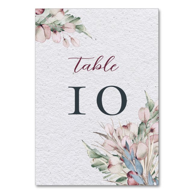 Boho-Hochzeit in Wasserfarbe und Botanische Hochze Tischnummer (Vorderseite)