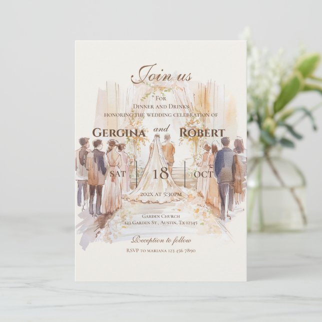 Boho Hochzeit mit Braut und Bräutigam Silhouette Einladung (Stehend Vorderseite)