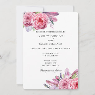 Boho-Hochzeit. Rosa Blumen-Einladung. Federn Einladung