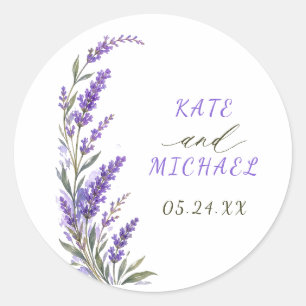 Boho-Hochzeitsaufkleber Lavendel Floral Rustikal L Runder Aufkleber
