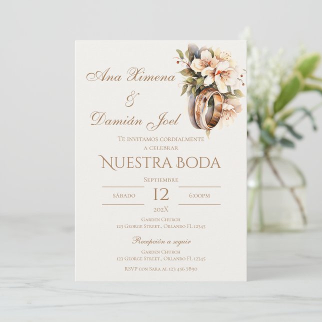 Boho-Hochzeitsringe auf Spanisch Einladung (Stehend Vorderseite)
