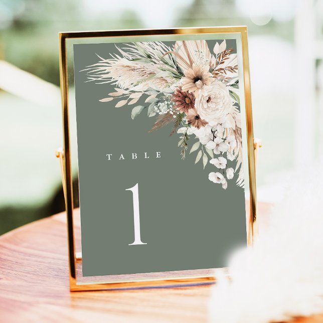 Boho-Hochzeitstischnummern, Pampasgras-Blumen  (Sage Green Boho Wedding Table Number Card, Pampas Grass Floral Reception Gold Decor Table Numbers)