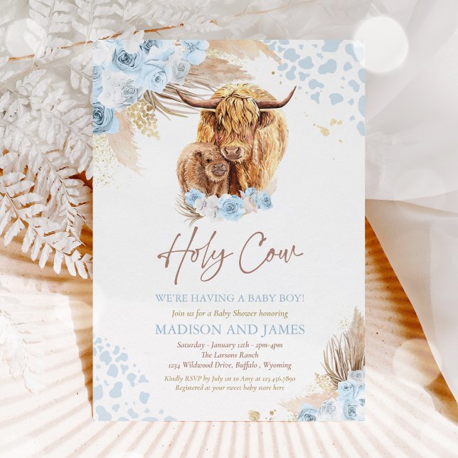 Boho Holy Cow Blue Pampas Grass Boy Baby Dusche Einladung (Von Creator hochgeladen)