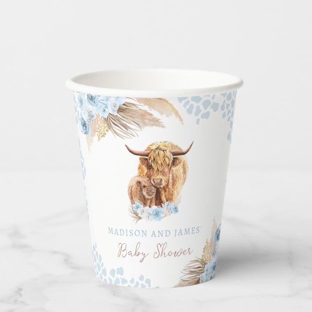 Boho Holy Cow Blue Pampas Grass Boy Baby Shower Pappbecher (Vorderseite)
