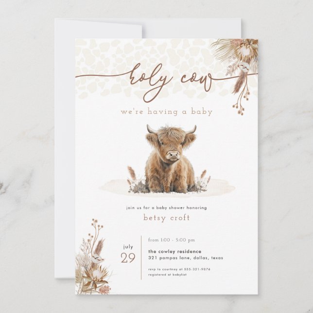 Boho Holy Cow Highland Cow Baby shower Invitation (Devant)