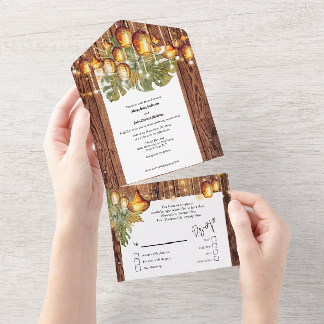 Boho Holz Blätter Himmelsleuchten bohemian elegant All In One Einladung (Abreißen)