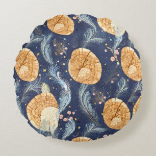 Boho-Holzoptik-Fächer und Navy-Feder-Botanik Rundes Kissen