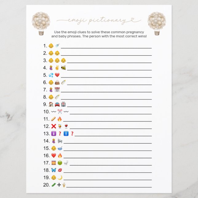 Boho Hot Air Ballon Emoji Game Card (Vorderseite)