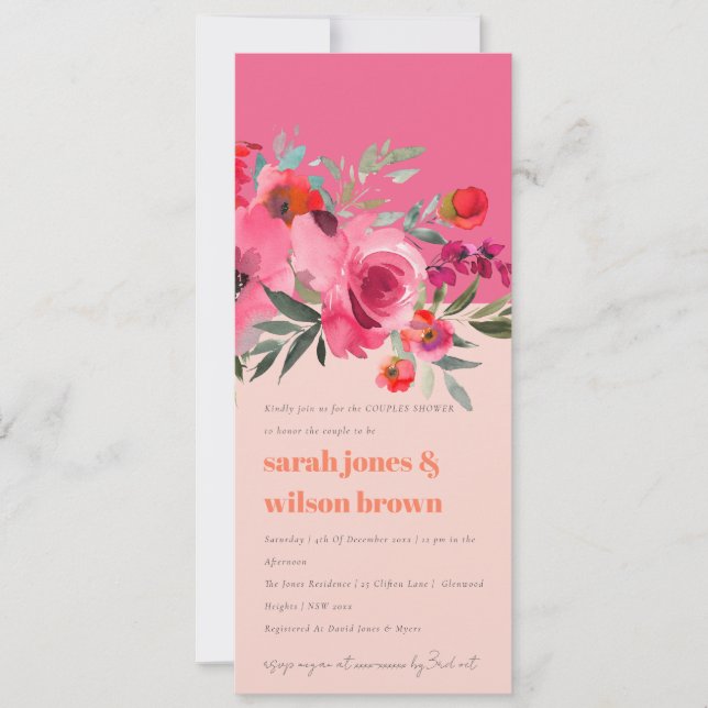 Boho Hot Pink Aquarell Blumenpaare Dusche Einladung (Vorderseite)