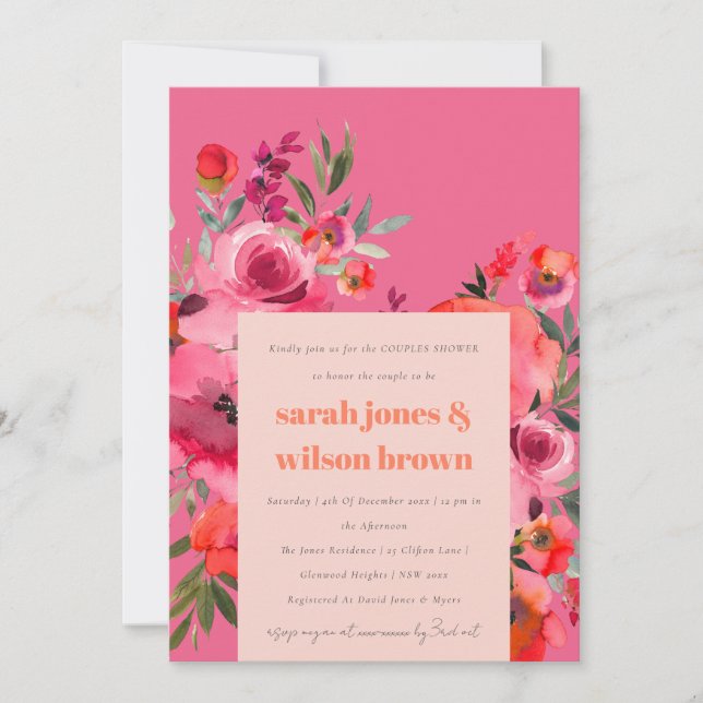 Boho Hot Pink Aquarell Blumenpaare Dusche Einladung (Vorderseite)