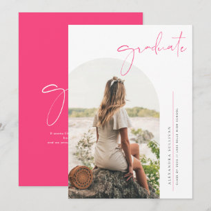 Boho Hot Pink Minimalistisch Arch Foto Abschluss Einladung