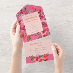 Boho Hot Pink Orange Blumenhochzeit All In One Einladung