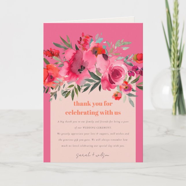 Boho Hot Pink Orange Blumenhochzeit Dankeskarte (Vorderseite)