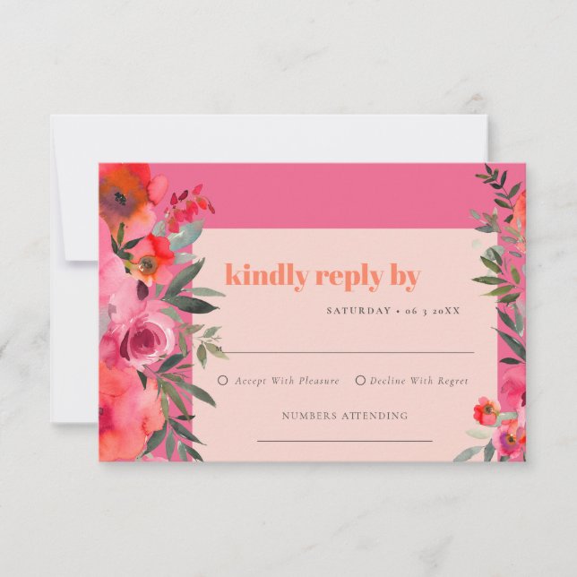 Boho Hot Pink Orange Blumenhochzeit RSVP Karte (Vorderseite)
