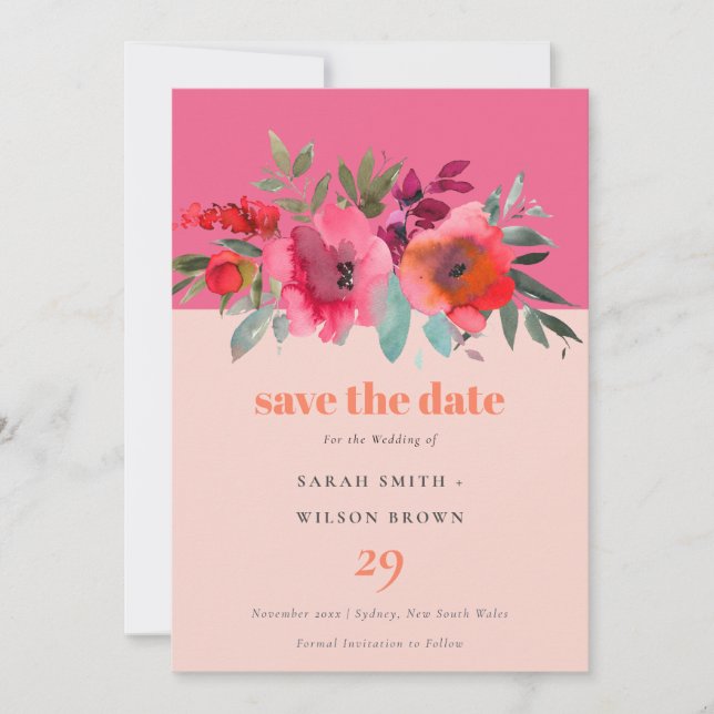 Boho Hot Pink Orange Blumenhochzeit Save The Date (Vorderseite)