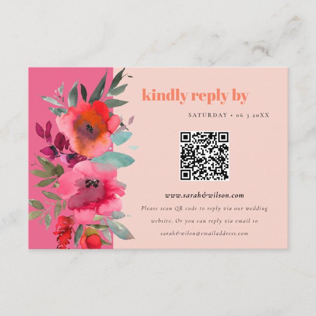 Boho Hot Pink Orange Floral Wedding QR Coding UAWG Begleitkarte (Vorderseite)
