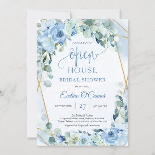 Boho Ice Blue Bloral eucalyptus & gold Open House Einladung
